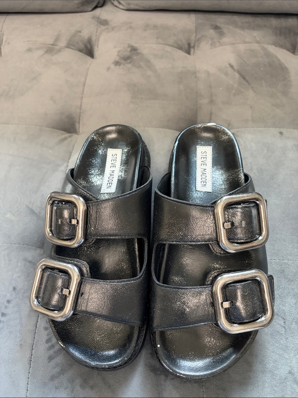 Steve Madden Black Double-Buckle Slide Mules